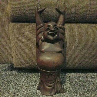Vintage Happy Buddha Wood Carved Statue 12 " Tall Laughing Hands Up