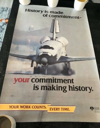 Vintage Nasa Rockwell International Space Shuttle Team Commitment Poster 35”x23”