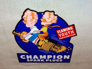 Vintage Champion Spark Plugs Flaming Youth Guy Girl 12 " Metal Gasoline Oil Sign