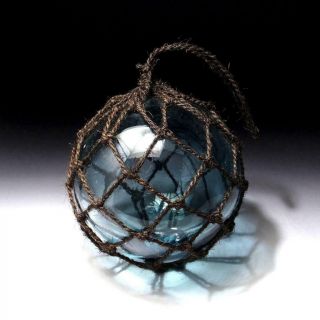 @he49: Vintage Japanese Fishing Float Glass Ornament With Net,  Dia.  7.  3 Inches