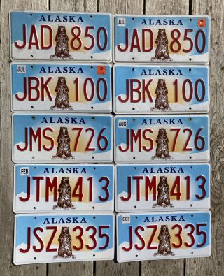 5 Pairs Of Vintage Alaska Dmv License Plates - Standing Bear Design - 10 Tags