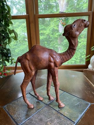 Vintage Large Camel Packed Egypt Brown Leather Wrapped Statue Figurine 15” Tall