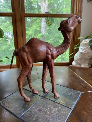 Vintage Large Camel Packed Egypt Brown Leather Wrapped Statue Figurine 15” Tall 2