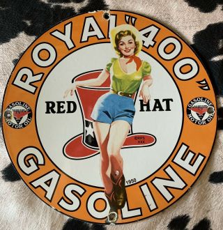 Vintage Style 1950 Red Hat Royal”400”pinup Gasoline 12 Inch Porcelain Pump Plate