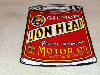 Vintage " Gilmore Lion Head Motor Oil Can " 11 " X 8 " Porcelain Metal Gasoline Sign