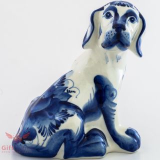 Porcelain Spaniel Dog Figurine Gzhel Colors Handmade
