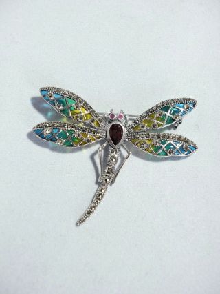 Vintage Sterling Silver Marcasite Plique A Jour Enamelled Dragonfly Brooch Pin