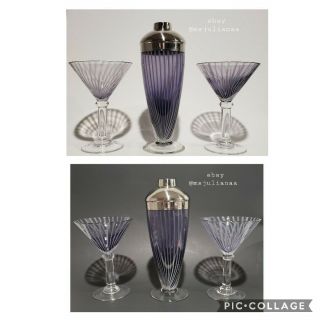 Vintage Art Deco Glass Cocktail Shaker Purple & White Line,  2 Martini Glasses