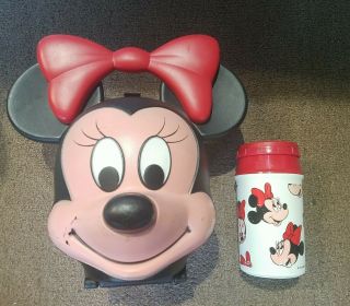 Vintage Disney Minnie Mouse Head Lunch Box / Pail Plastic Aladdin With Thermos