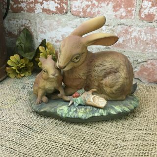 Vintage Homco Bunny Rabbit Mom & Baby Figurine 1979 Masterpiece Brown Porcelain