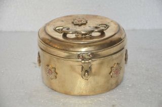Old Brass Handcrafted Engraved Round Solid Flower Fitted Jwellery Box