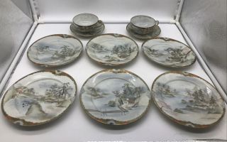 Old Early Antique Signed Japanese Kutani Porcelain Cups Saucers Plates 10pc Set