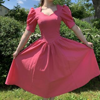 Vintage 80s Laura Ashley Pink Midi Dress Fits Uk 6 Scalloped Neck Puff Sleeves