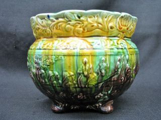 Vintage Early 20th Century Majolica 8 " Jardiniere; Green With Frieze Of Knights