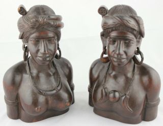 Vtg Hand Carved Couple Pair Busts Wood Man Woman Wedding Philippines Tribal Set