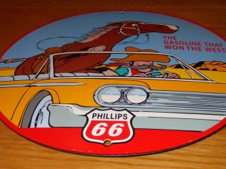 Vintage Phillips 66 Man & Horse In Car 11 3/4 " Porcelain Metal Gasoline Oil Sign