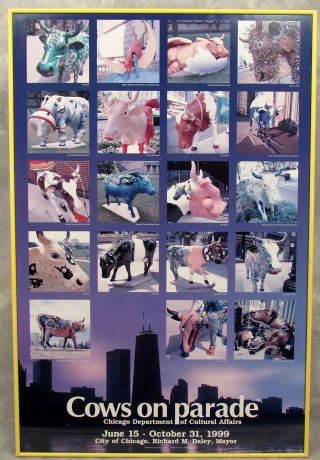 Cows On Parade Large Poster Chicago Dept Cultural Affairs 1999 Yellow Frame