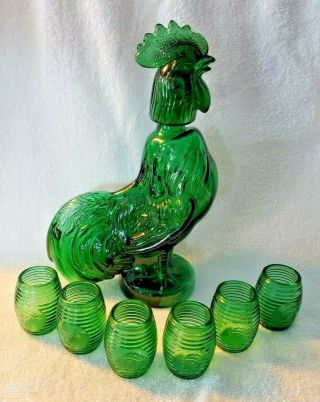 Vintage Green Glass Rooster Decanter W/ 6 Glasses