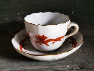 Vintage Meissen Porcelain Cup And Saucer With Chinese Red Dragon Decoration