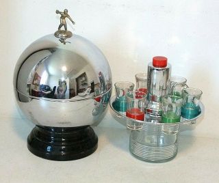 Vintage Mid - Century Mod Chrome Bowling Ball Decanter Set Pump With 6 Shotglasses