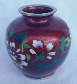 Old Vintage Japan Sato Cloisonne Vase Pigeon Blood Red Floral Flowers