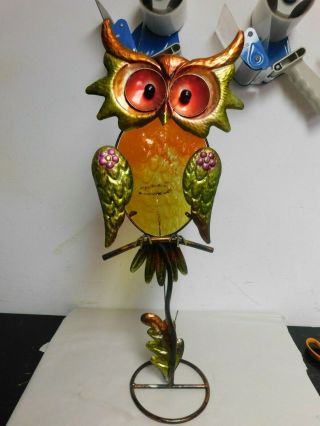 Tall Metal Multi - Colored Owl With Stained Glass On His Body 21 " Tall Home Decor
