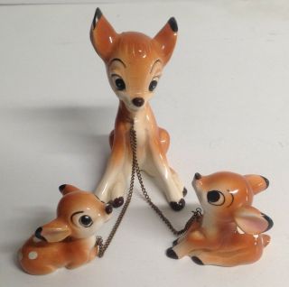 Vtg.  Walt Disney Bambi 3 - Piece Deer W/2 Fawns Chained Set Ceramic Figurines