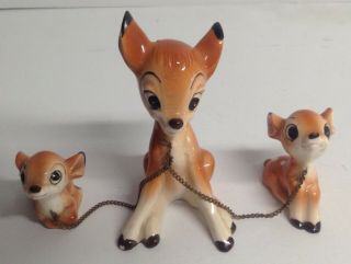Vtg.  Walt Disney Bambi 3 - Piece Deer w/2 Fawns Chained Set Ceramic Figurines 3