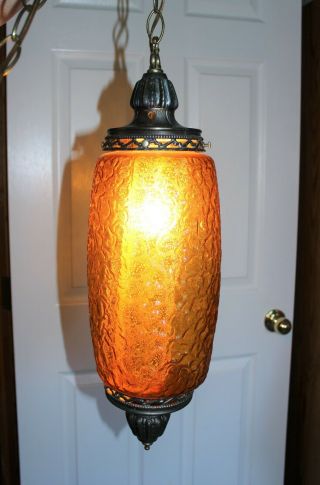 Vtg Mid - Century Modern Amber Glass Swag Hanging Lamp Light Diffuser Mcm 1960s