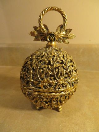 Vintage Ornate Pierced Brass Color Metal Incense Burner Round Shape With Lid