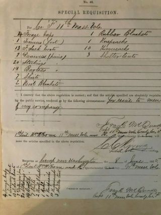 1865 11th Massachusetts Volunteers Requisition Form For Supplies
