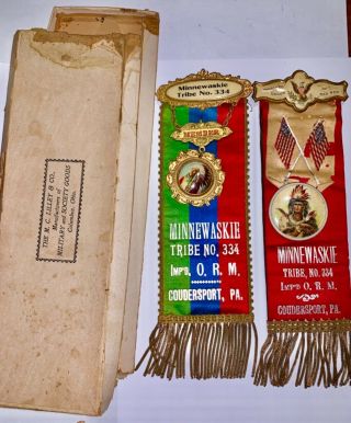 2 Antique Improved Order Of Red Men Ribbon Minnewaskie Tribe 334 Coudersport Pa.