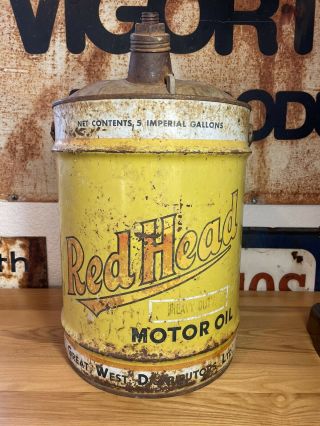 Vintage Rare Red Head Motor Oil Can 5 Gallon Automobiliana Hot Rod Gas Vtg
