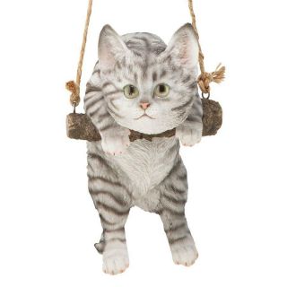 Design Toscano Gray Tabby Kitty On A Perch Hanging Cat Sculpture
