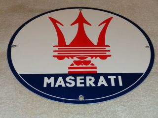 Vintage Maserati Sports Car 11 3/4 " Porcelain Metal Gasoline Oil Sign Pump Plate