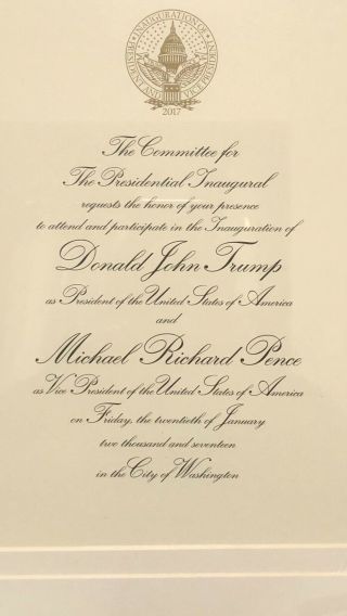 Donald Trump,  Mike Pence inaugural professionally framed Inauguration Invitation 2
