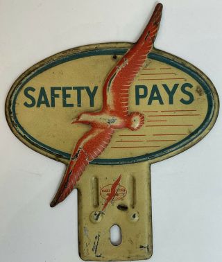 Rare Vtg 40s 50s Fleetwing Safety Pays Gas Station License Plate Topper Tin Sign