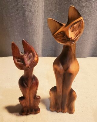 Vintage Hand Carved Wooden Cats Mid Century Modern Mcm Siamese 50s / 60s