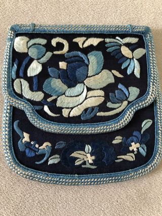 Antique Vintage Chinese Embroidered Silk Coin Purse Blue Flowers,  Bat