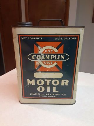Vintage Rare Early Champlin Motor Oil Can 2 Gallons Enid Oklahoma Gas