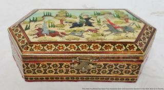 Vintage Indo Persian Islamic Large 8in Hp Enamel Inlayed Decorated Wood Box No2