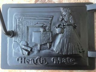 Vintage Hearth Mate Hevy Cast Iron Stove Hearth Door Granny Tending Stove Scene