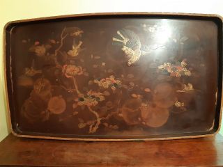 Meiji Period Japanese Lacquered Tray Decorated With Sparrows And An Eagle