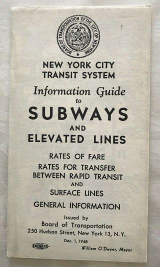 1948 Nyc York City Transit System Subway Elevated Map Dec 1,  1948