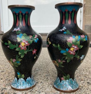 Fine Pair Antique Chinese Black Ground Cloisonné Enamel Vases