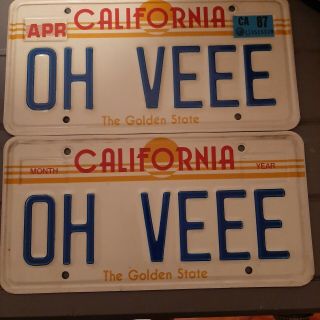 (2) - Matching Pair - California - Vanity - License Plates 1987 " Oh Veee "