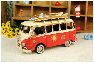Handmade Big Red Iron Tin Metal Pattern Car Volkswagen Vw Bus With Surf Board
