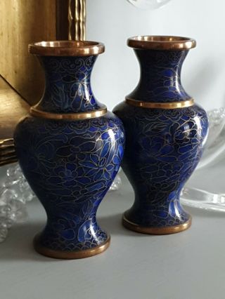 Vintage Royal Blue Oriental Jingfa Cloisonné Small Gilt Bronze Vases