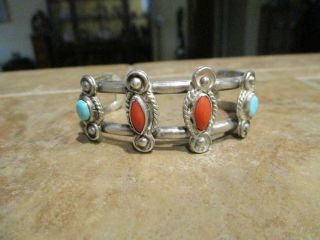 Extra Fine Vintage Navajo Sterling Silver Turquoise & Coral Bracelet
