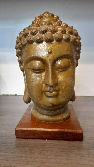 Vintage Oriental Brass Buddhas Head Stands 9 3\4 " Tall With Solid Wooden Bass